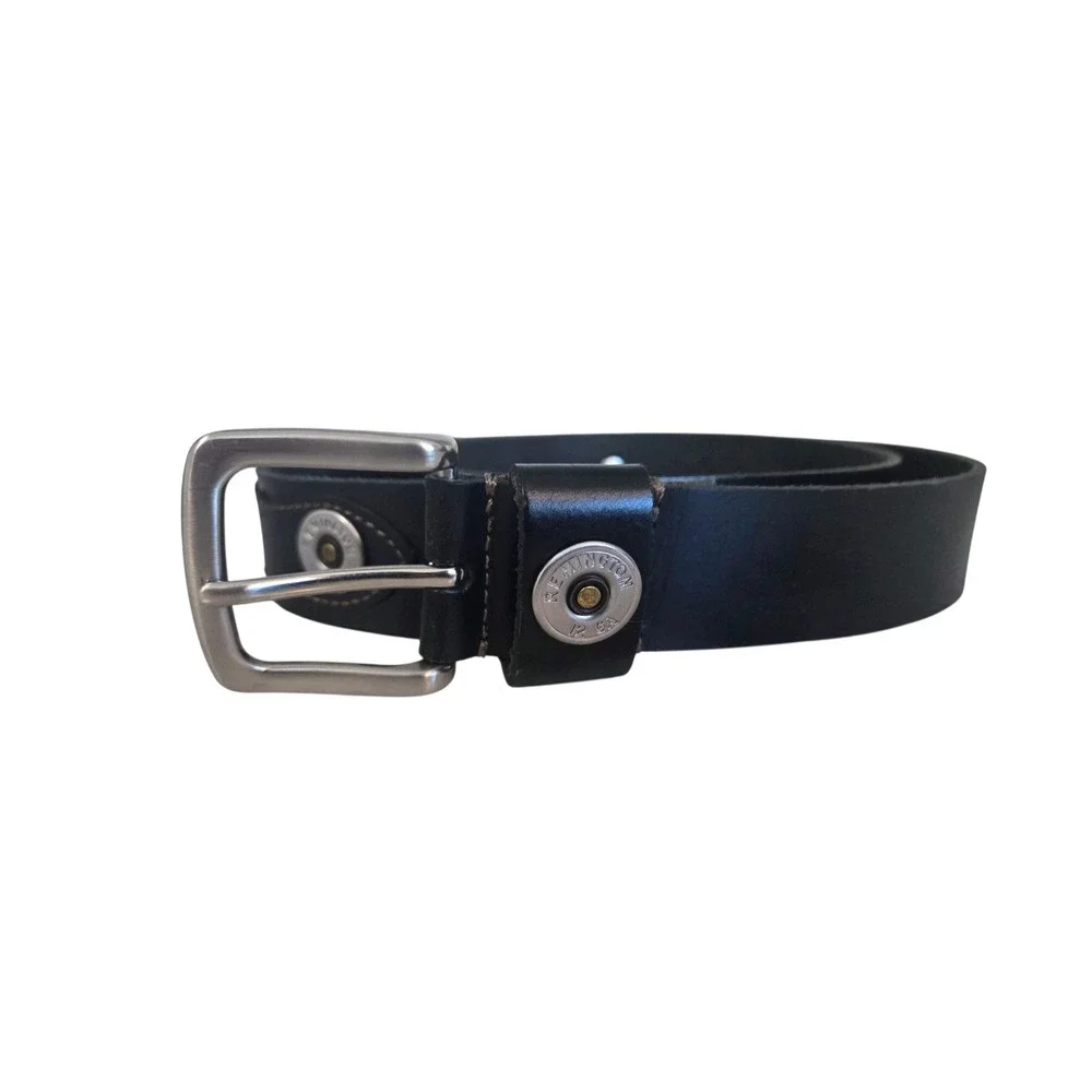 Men's Black Leather Belt Inlaid Remington 12 GA Shotgun Caps Fits 45